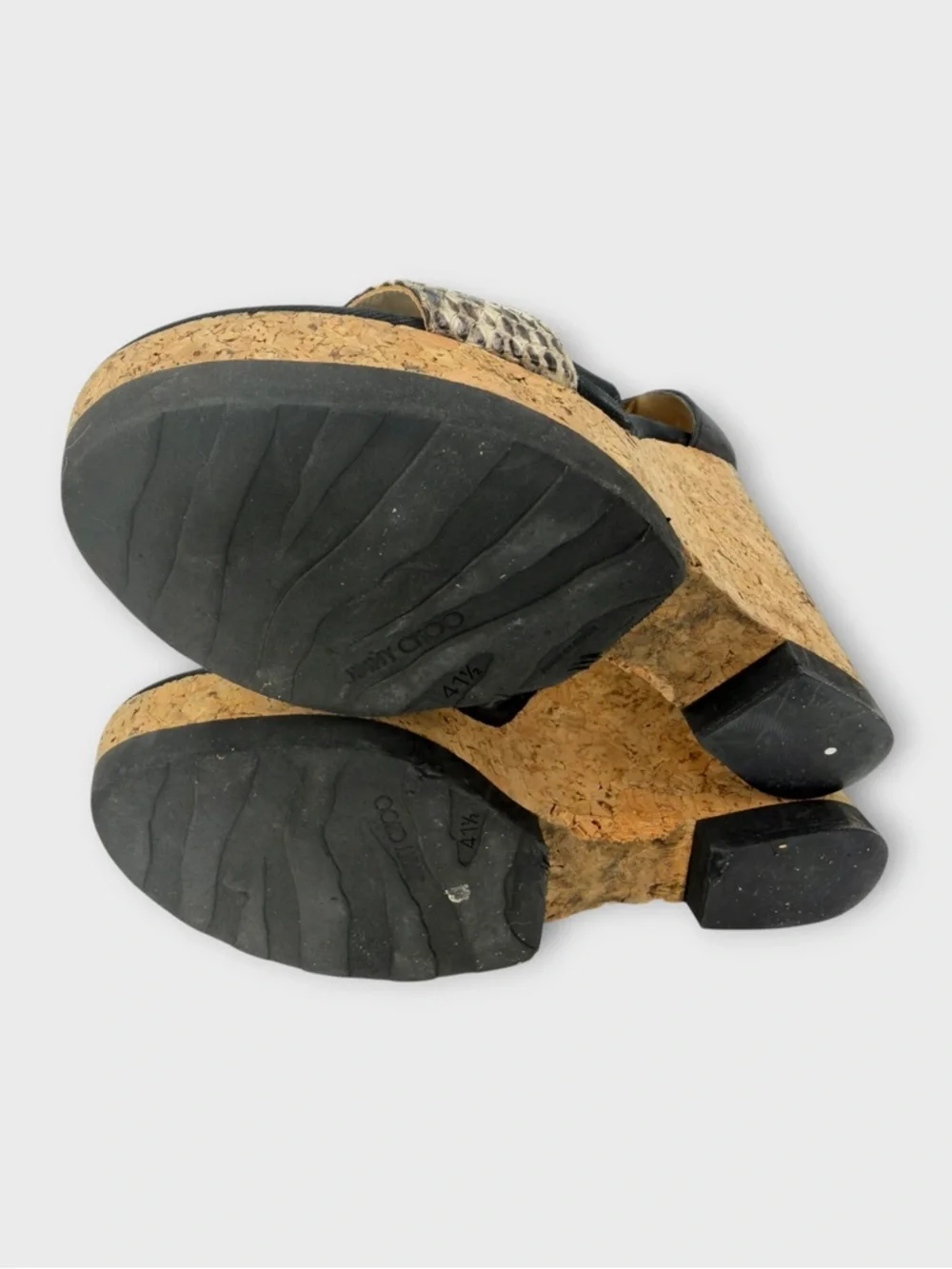 Jimmy Choo Neston Cork Wedge Sandals Snakeskin & Black Leather Euro 41.5 US 10.5